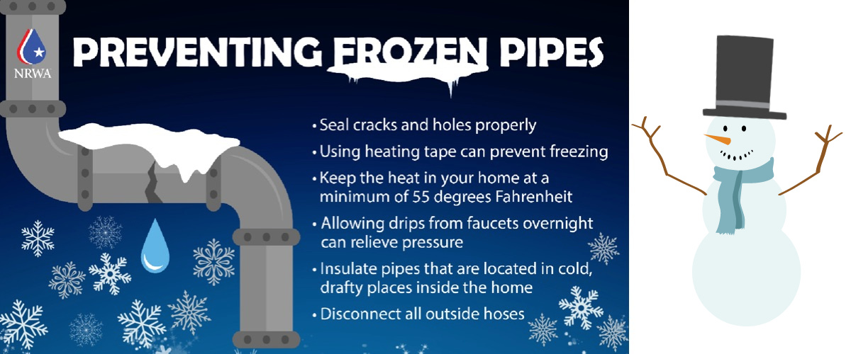 Snow man and plumbing pipe freeze care for pipes